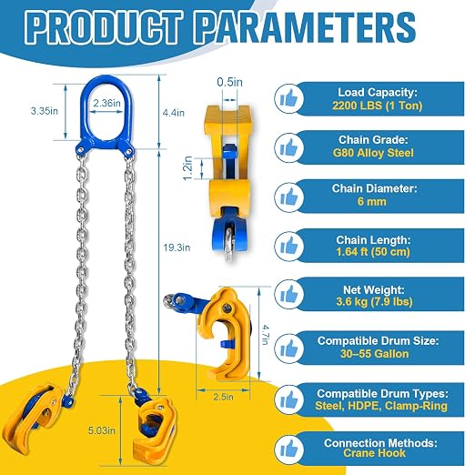 1-Ton Chain Drum Lifter 2200 lbs Vertical Drum Lifter with Self-Locking Hook Barrel Clamp for 55 Gallon Drum Lift Industrial Lifter for Chemical Construction & Port Applications