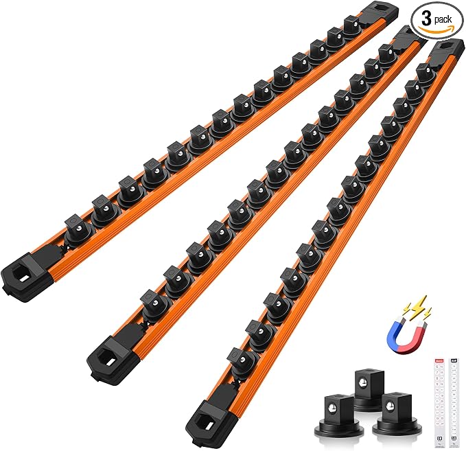 Reniteco Magnetic Socket Organizer Set, 3PC 3/8-Inch Drive Aluminum Alloy Socket Rail, Heavy Duty Magnetic Socket Holder for Tool Box Drawer, 360° Swivel Socket Rack, 3/8" x 42 Clips, Orange
