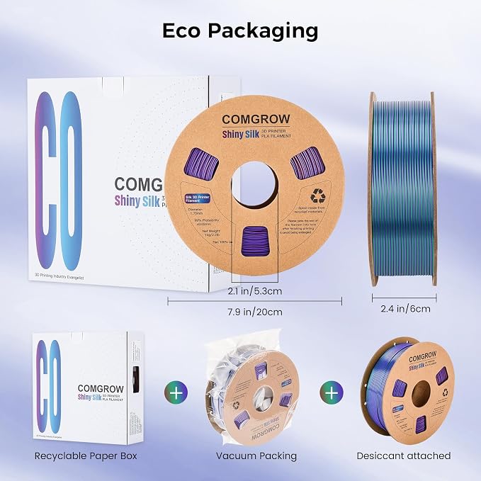 Comgrow Tri-Colors Silk PLA 3D Printer Filament, Rainbow PLA Filament 1.75mm, Dimensional Accuracy +/- 0.02 mm, 1KG Spool, Coextrusion 3D Filament with Shiny Silk Copper-Green-Purple