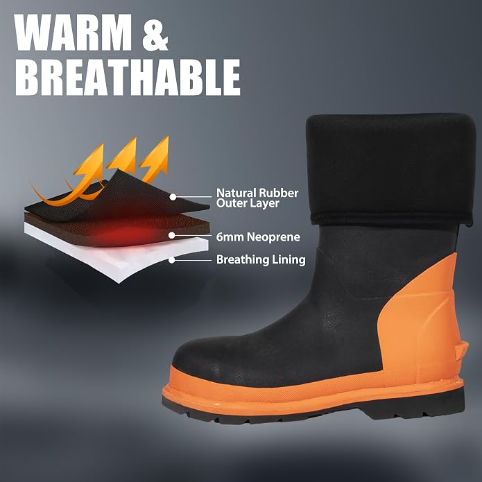Steel Toe Rubber Boots for Men, Safety Reflective Strips, Punctrue-Proof with Steel Shank, Waterproof, Insulated 6mm Neoprene Work Boots for Farming, Manufacturing, Construction (Black/Orange, Size 6-14)