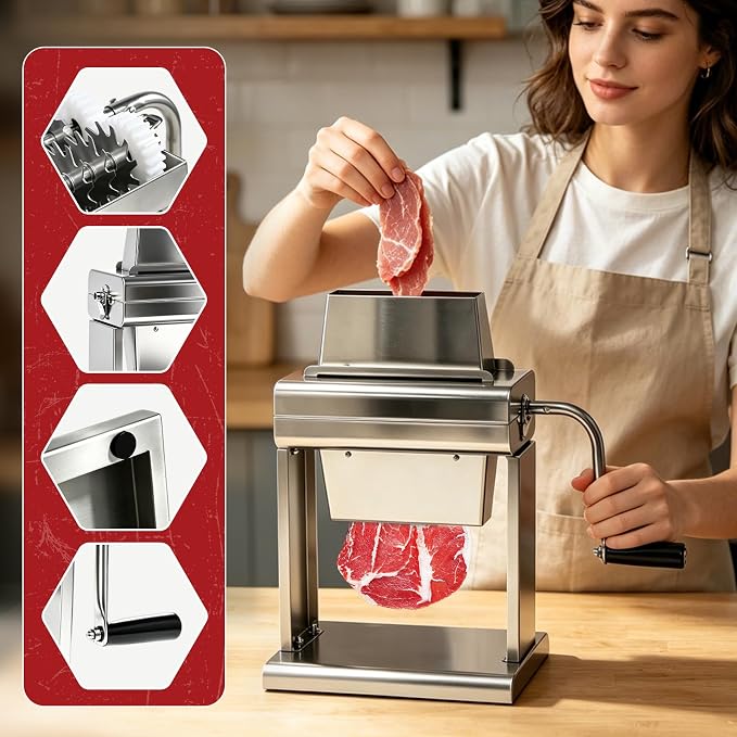 Commercial Manual Meat Tenderizer, 40-Blade Heavy Duty Stainless Steel Butcher Machine for Steak, Chicken, Pork, Lamb, Easy Clean, Large Feed Port for Restaurant, Butcher Shop & Home Use