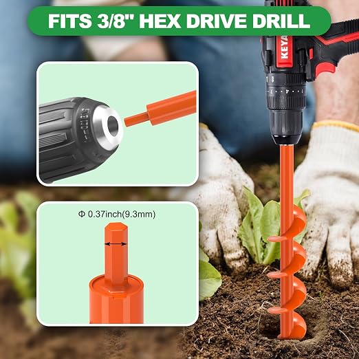 SELEWARE Auger Drill Bit for Planting 3"x24" Drill Auger for 3/8" Hex Drive | Orange Heavy-Duty Steel Garden Auger Drill Bit, Bulb Planter Tool, Auger Post Hole Digger for Bulbs, Flowers, Fence Posts