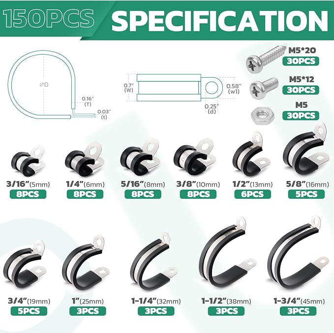 OURU 150PCS Cable Clamps with Screws Assortment Kit 304 Stainless Steel Rubber Coated Cushioned Insulated Wire Pipe Clamps 11 Sizes—3/16" 1/4" 5/16" 3/8" 1/2" 5/8" 3/4" 1" 1-1/4" 1-1/2" 1-3/4"
