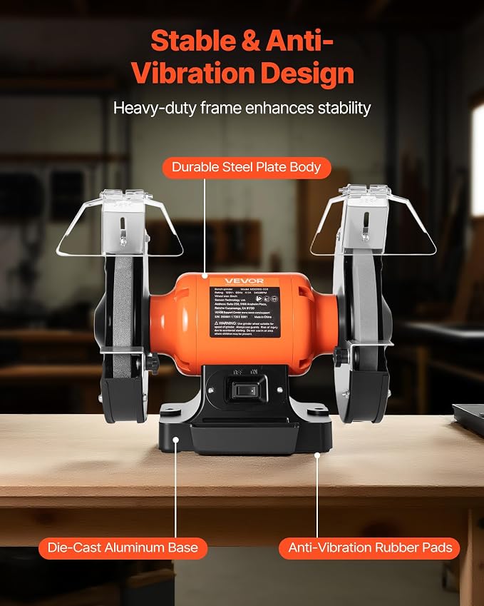 VEVOR Bench Grinder, 8-inch Single Speed, 3450RPM High-Speed Table Grinders with 550W 4.5A 3/4Hp Induction Motor, 36/60-Grit Grinding Wheel & Adjustable Eye Shield for Fast Sharpening Grinding