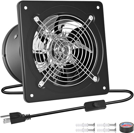 6-inch wall-mounted kitchen metal exhaust fan with switch, 382-576CFM, portable installation, with return air valve, suitable for attic, garage, bathroom, office, basement ventilation, Black