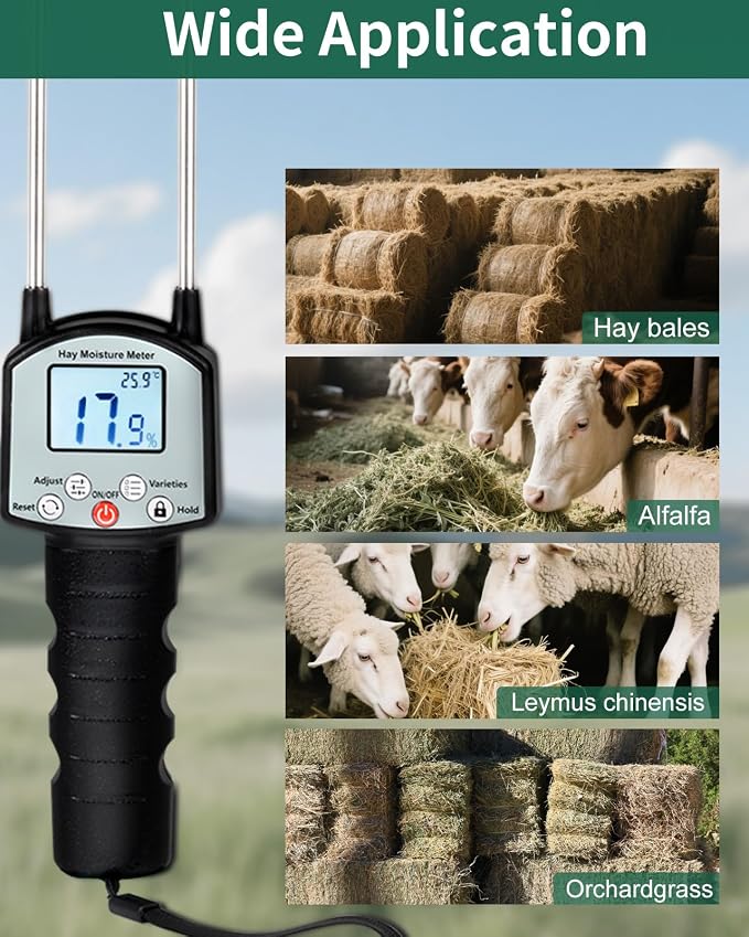 Hay Moisture Tester, Portable Hay Moisture Meter, Hay Bale Moisture Tester with Dual Probe, Forage Moisture Tester with Automatic Temperature Compensation for Alfalfa, Forage, Orchard Grass, Bales