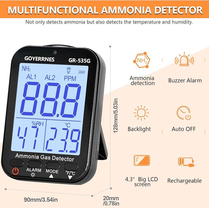 Ammonia Gas Meter Detector, NH3 Gas Monitor Sensor with Range 0-100 ppm, Portable Air Quality Detector Meter for Farm, Poultry, Pig & Livestock (Rechargeable)