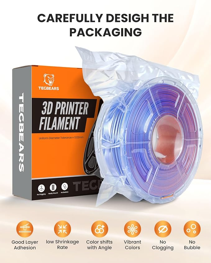TECBEARS 4-Color Silk PLA Filament 1.75, Silk 3D Printer Filament, Shiny Silk Texture, 4 in 1 Black Red Yellow Gray，1kg Spool