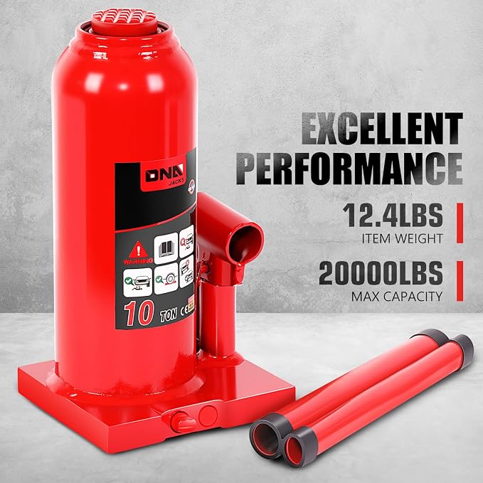DNA Motoring 10 tons / 20000 lbs Lifting Automotive Welded Hydraulic Bottle Jack for Repair Vehicle, Pickup, Truck, w/Manual Handle, Red,TOOLS-00359