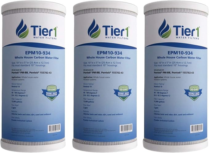 Tier1 10 Micron 10 x 4.5 Water Filter | Whole House Carbon Block Water Filter Replacement Cartridge | Replacement for Pentek EPM-BB, 155782-43, CB-45-1010, EPM10-934 | 4.5 x 10 Water Filter (3-Pack)