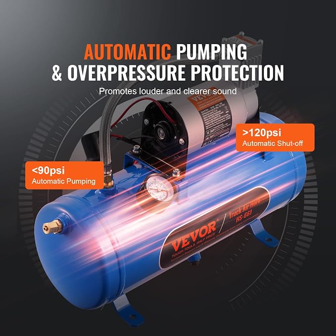 VEVOR 12V Air Compressor with 1.6 Gallon Tank, Train Horn Compressor, 120 psi Working Pressure, Inflating Tires, Air Mattresses