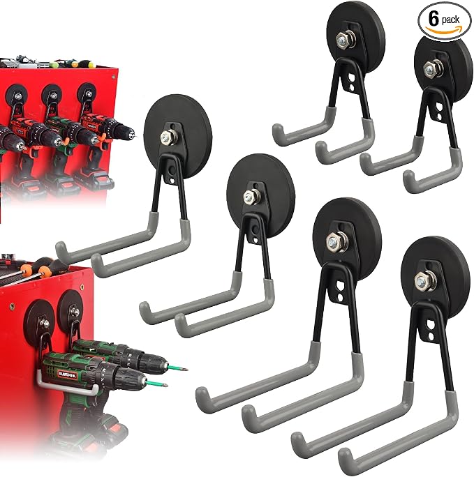ULIBERMAGNET Heavy Duty Magnetic Hooks,Strong Large Magnet Hooks for Power Drill,Garden Tools, Hose,Pegboard,Garage,Workshop,6 Pack Magnetic Storage Hooks for Indoor Outdoor Hanging(Gray)