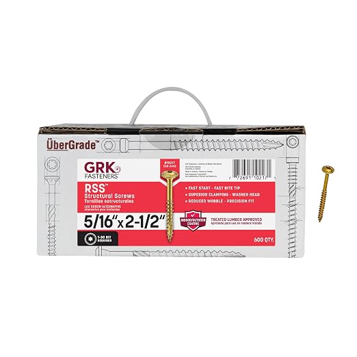 GRK Fasteners RSS™ 5/16 x 2-1/2 Inch, Structural Screws, 600 PCS, Rust Resistant Climatek™ Coating, Heavy-Duty Framing & Decking Screws, Fast Bite Tip, Star Drive Recess, Gold