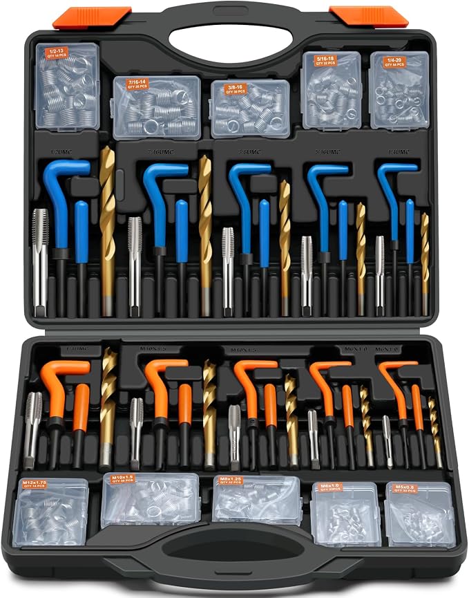 coobeast 320PCS Helicoil Thread Repair Kit, Metric & SAE Heli Coil Insert Set with HSS Drill Bits, 304 Stainless Steel Spark Plug Rethreading Tool for Automotive Engine & Machinery