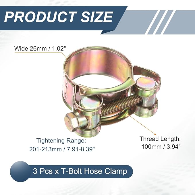 HARFINGTON 3pcs T-Bolt Hose Clamp 201-213mm (7.91-8.39") Galvanized Carbon Steel Adjustable Intake Radiator Pipe Clamps for Automotive Plumbing Industrial Pipes