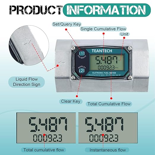 1 Pack 2in Digital Turbine Fuel Flow Meter, High Accuracy Diesel Flow Meter with NPT Counter, Digital LCD with 5 Units, Auto Shut Off, for Gasoline/Kerosene/Water