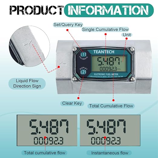 2 Pack 2in Digital Turbine Fuel Flow Meter, High Accuracy Diesel Flow Meter with NPT Counter, Digital LCD with 5 Units, Auto Shut Off, for Gasoline/Kerosene/Water