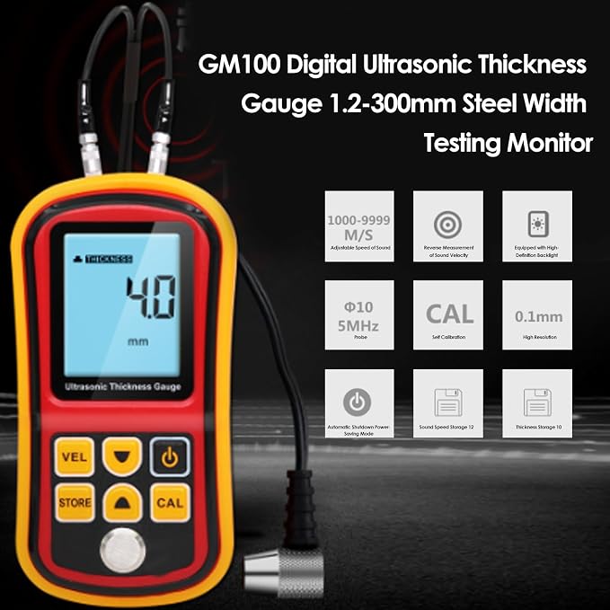 Digital Ultrasonic Thickness Large LCD Display Sound Speed Meter Auto Calibration 5MHz 1.2-300mm for Metal Steel Plate Plastic Ceramic (Without Battery)