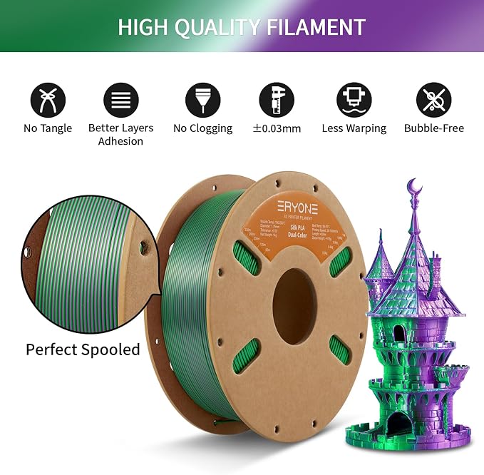 ERYONE Silk Dual Color PLA Filament 3D Printer 1.75mm +/- 0.03mm, Bicolor Filament Two Tone PLA 1KG(2.2lbs) Cardboard Spool, Purple Green
