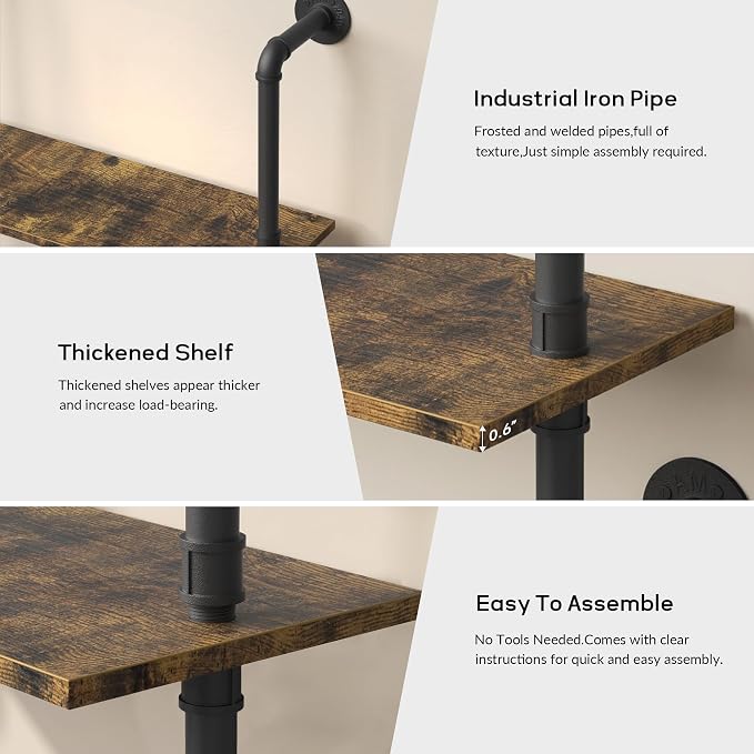 Merapi 5 Tier Wall Mounted Shelves for Coffee Bar & Bookshelf, Rustic Industrial Pipe Floating Wall Shelves, Farmhouse Wall Shelf for Kitchen Storage, Living Room, Bathroom & Pantry Organizer