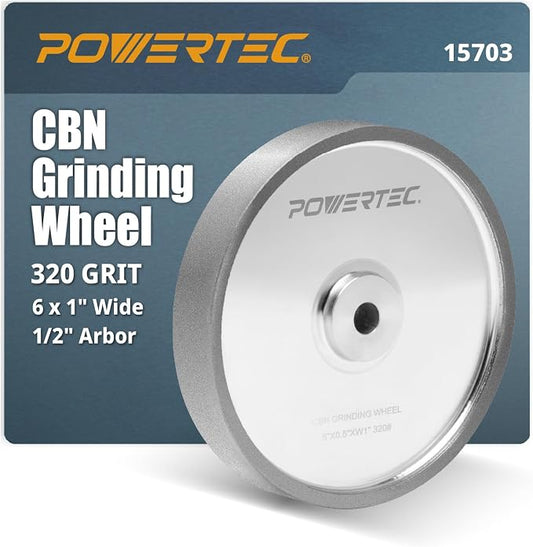 POWERTEC CBN Grinding Wheel 6 Inch 320 Grit, 1" Wide, 1/2" Arbor – Bench Grinder Sharpening Wheel for HSS Tools, Lathe Chisels, and Woodturning Tools (15703)