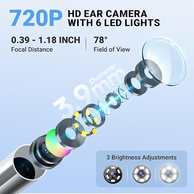 ScopeAround Otoscope with Light, Digital Otoscope w/IPS Screen, 720p HD Ear Wax Removal Tool Camera, Video Otoscope Ear Camera with 6 LED Lights, Compatible with Android/iPhone