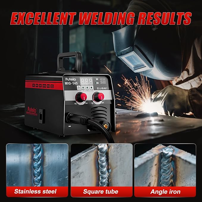 145A MIG Welder, 3 in 1 Flux Core Lift TIG Stick Welding Machine 110V IGBT Inverter Wire Feed Welder with Synergy Control, Welding Helmet and Gloves