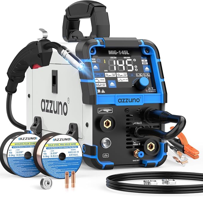 AZZUNO 145A MIG Welder 110V/220V, 4-in-1 MIG Welding Machine with Gas/Gasless Flux Core MIG, Lift TIG, Stick, Synergic Wire Feed Welding Machine for Beginners, Home DIY, Automotive Repair Projects
