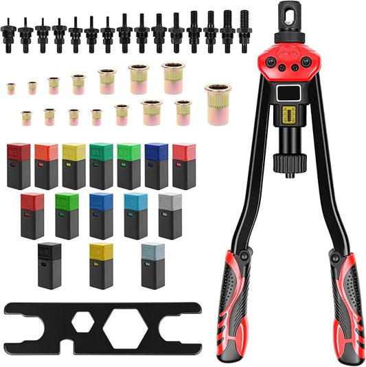 16-Inch Professional Rivet Nut Kit,Heavy Duty Rivnut/Nutsert Tool with Quick-Change Mandrels,Lever Rivet Nut Gun with Stroke Indicator,Threaded Insert Tool w/15 Mandrels & 170 Nutserts,Carrying Case