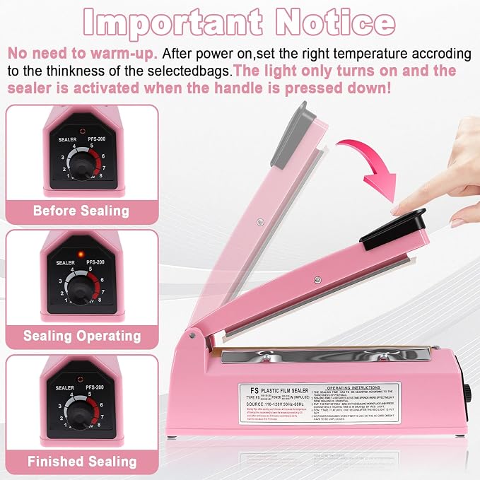 8 Inch Impulse Sealer, Manual Heat Sealer Machine for Mylar Bags, Shrink Wrap Bag Sealers Sealing Machine for Plastic PE PP Bags with 3 Free Replacements Kit Element Grip, Pink