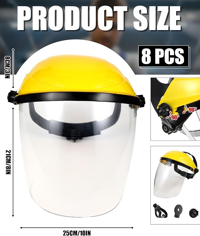 Tellegloww 8 Pack Safety Face Shield for Grinding and Cutting, Full Impact Resistant Face Shield Mask for Work Chemical Woodworking (Yellow)
