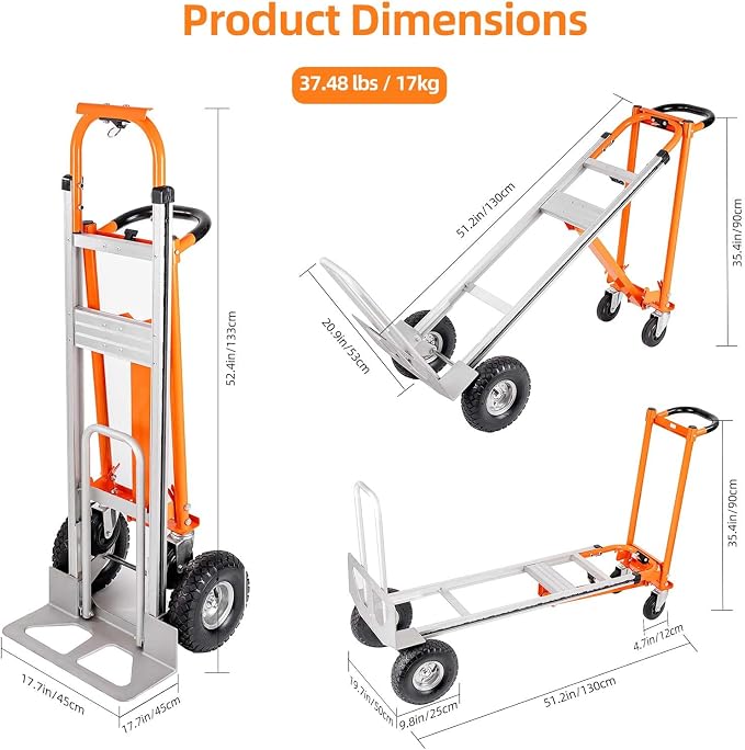 3 in 1 Heavy Duty Hand Truck, 1000 lbs Folding Dolly with 4 Pneumatic Wheels, Portable Aluminum with Telescoping Flatbed Hand Truck for Luggage, Travel, Moving, Shopping, Office Use