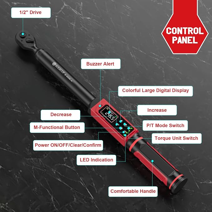 SUERCUP 1/2" Digital Torque Wrench (4.4-295 Ft.lb / 6-400Nm) for Auto/Truck | ±1% Accuracy with Vibration/Buzzer/LED Alerts, 9 Presets & 5 Units, for Engine, Suspension, Trailer & Industrial Assembly