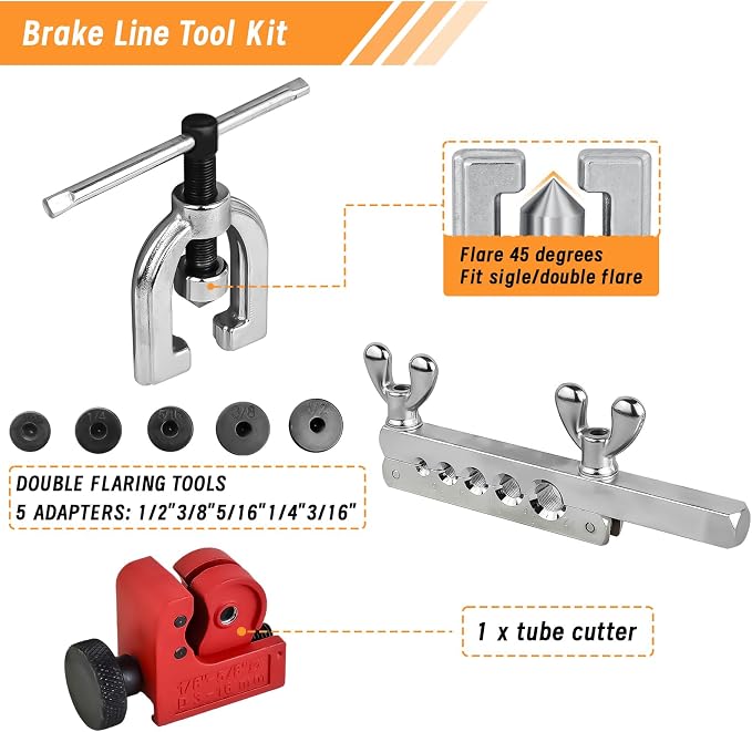 MuHize 25FT 3/16 Inch Brake Line Flaring Tool Kit | Zinc Coated Alloy Brake Line with 16 Fittings & 4 Unions, Includes Double & Single Flaring Tool and Tube Cutter