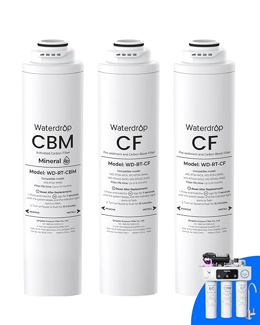 Waterdrop RT-2CFCBM Filter, Replacement for Waterdrop T3-M Tankless Reverse Osmosis Water Filter System (𝐂𝐅*𝟐 + 𝐂𝐁𝐌*𝟏), 1-Year Combo