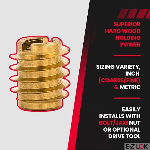 E-Z LOK Knife Threaded Insert for Hard-Wood, Brass Thread Inserts 6-32 Internal Threads, 0.375" Length Pack of 25