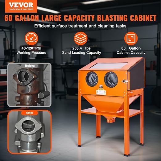 60 Gallon Sandblasting Cabinet, 40-120PSI Sand Blasting Cabinet with Stand, Heavy Duty Steel Sand Blaster with Blasting Gun & 4 Ceramic Nozzles for Paint, Stain, Rust Removal