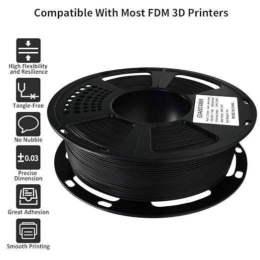 GIANTARM 3D Printer Filament, Black Pla Filament, 1Kg(2.2lbs) Spool, 1.75mm Dimension Accuracy +/- 0.03mm, 3D Printing Filament, Dark Black