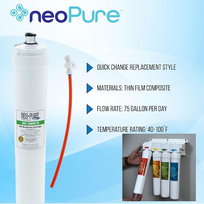 Neo-Pure NP-3MM75 SQC Compatible Membrane 75gpd Replaces Water Factory Systems 66-4706G2 Filter Cartridge, Used in SQC3 and SQC4 RO Systems
