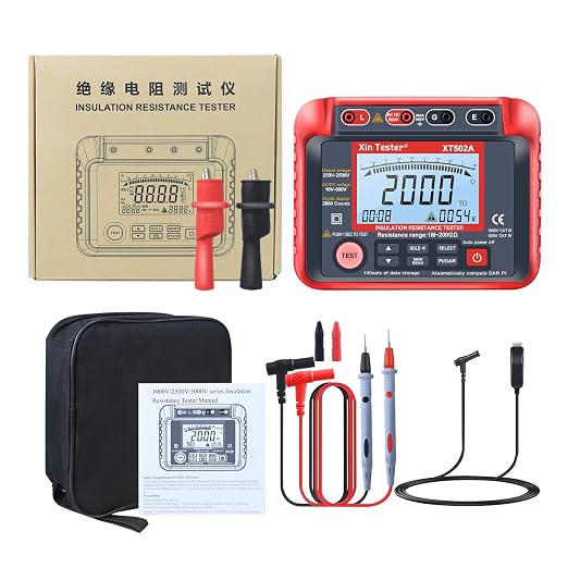 Xin Tester 2500V AC DC Insulation Megger Tester Megohmmeter, 250V/500V/1000V/2000V High Voltage Auto Ranging Auto Earth Grounding 200GΩ Resistance Meter LCD Display XT502A