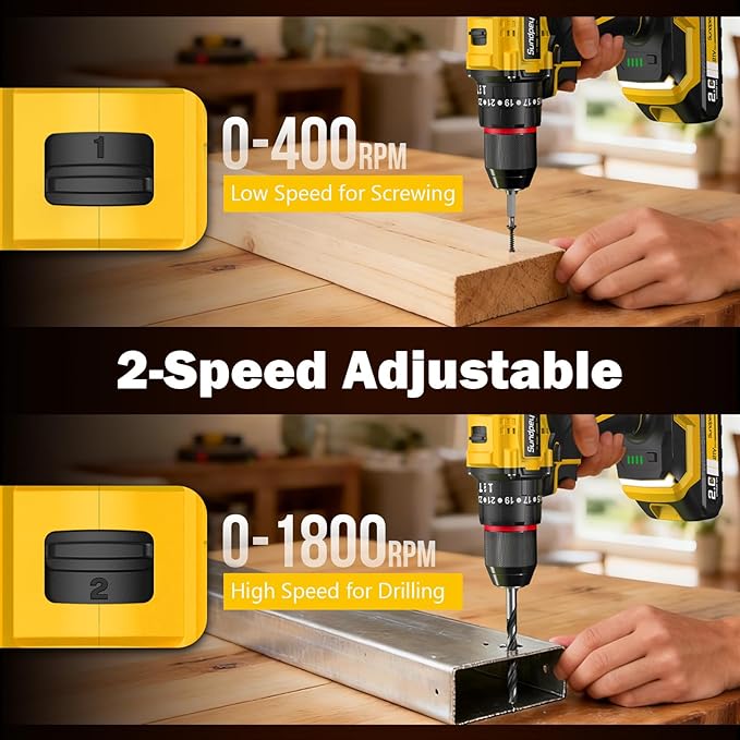 Sundpey Cordless Power Drill Set - 620in-lbs 3/8" Metal Chuck Electric Drill w/Brushless Motor & 23+3 Torque Settings & 2 Battery & LED Light - Drills Driver for Home DIY Woodworking Bricks Drilling