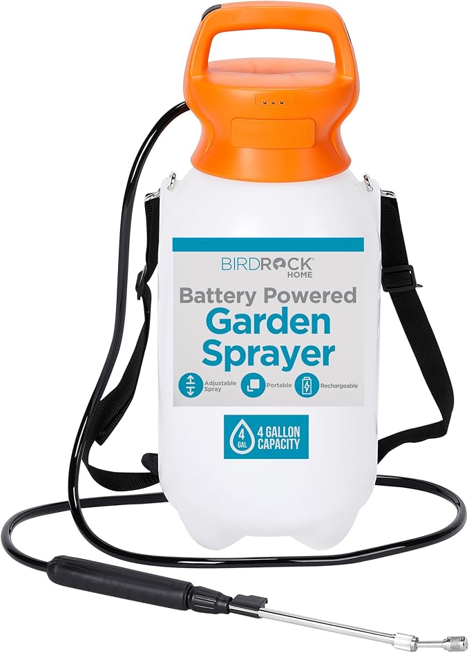 BIRDROCK HOME Garden Sprayer with Battery Powered Pump - Stainless Steel Wand, Rechargeable, Adjustable Spray, & Portable for Lawn, Garden, Plants, and Cleaning - White Translucent Body - 4-Gallon