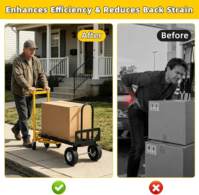 4 in 1 Convertible Hand Truck Dolly, 1000Lbs Capacity, Heavy Duty Folding Hand Truck Dolly Cart with Wheels 10" All-Terrain Tires, Hand Trucks for Logistics, Home, Office, School, Yellow