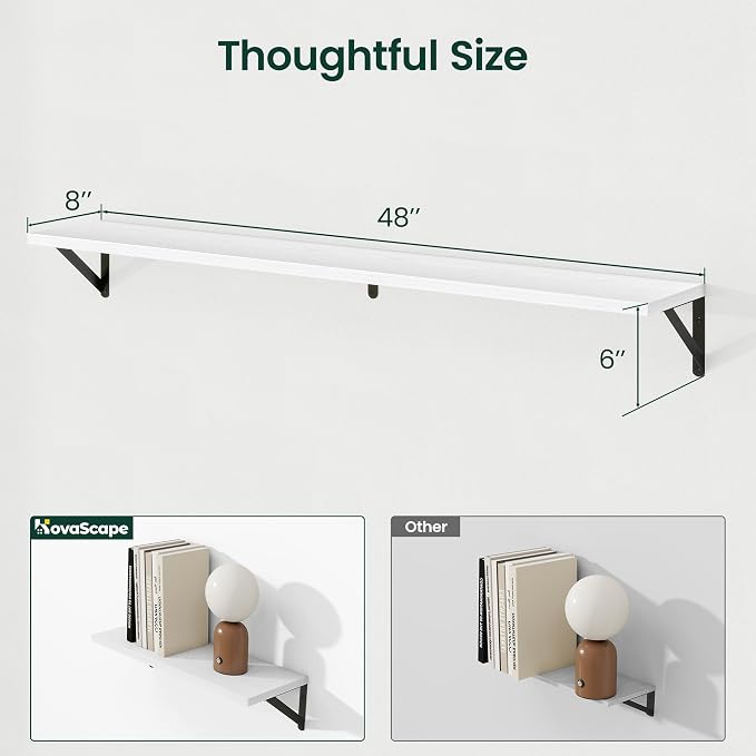 Floating Shelves 8 Inch Deep, 48W x 8D Wall Shelf Set of 2, 70 lbs Heavy Duty Reversible Metal Brackets, Industrial Book Shelf for Living Room Kitchen Bathroom Bedroom Gallery Wall, White