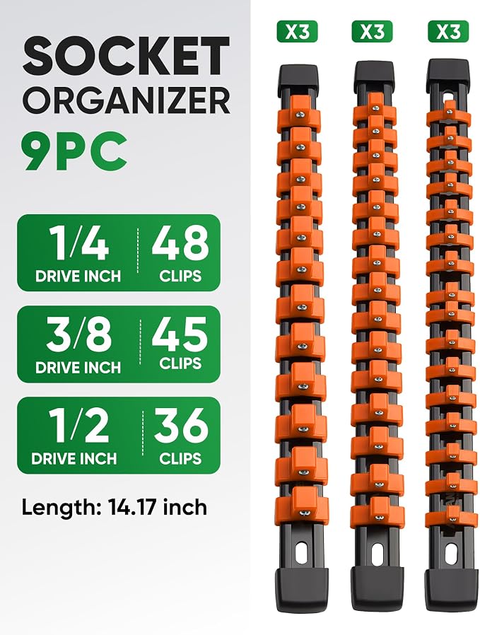 ALOANES 9PC Socket Organizer, Socket Rails Fit 1/2", 1/4" and 3/8" Drive | Heavy Duty ABS Socket Holders Hold up 129 Sockets for Mechanics Toolbox Drawer Bags(Orange)