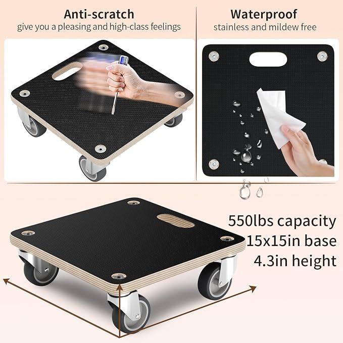 Furniture Mover Dolly Portable Wood Rolling Mover for Heavy Furniture Sofa Cabinet Refrigerator, with 4 360° Rotatable Rubber Universal Wheels, 550 Lbs Capacity, Black (2 Packs)