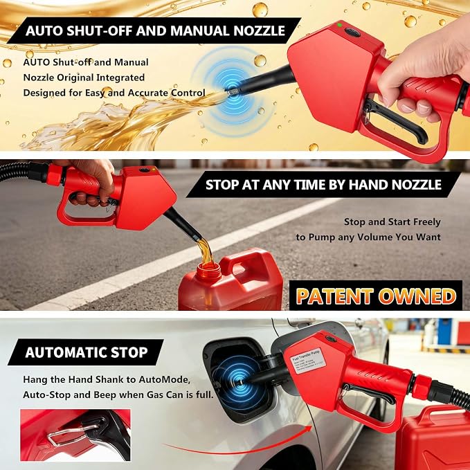 5GPM Fuel Transfer Pump with Auto-Stop & Hand Nozzle, 118'' pumping lift, fit different jug size and depth barrels,no adapters needed,portable gas pump,barrel pump for Gasoline, Diesel, Kerosene