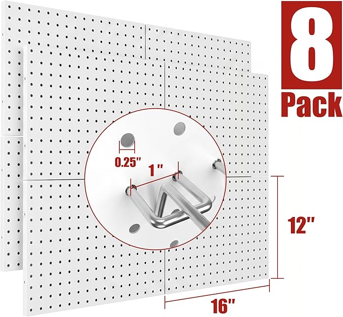 8 Pack Metal Peg board Panels with 50 Hooks, White | Heavy Duty Pegboard Organizer, Garage Tool Storage System, For Workshop, Office, Craft Room