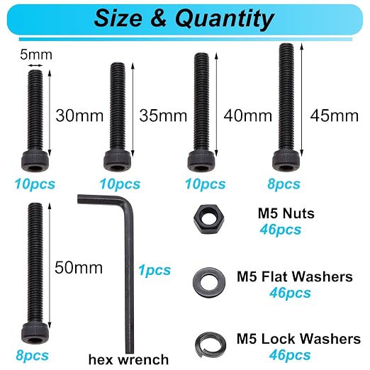 185PCS Black M5 Hex Socket Head Cap Screws, M5 x 30/35/40/45/50mm Metric Screws Bolts Nuts Washers Assortment Kit with Hex Wrench, 12.9 Grade Alloy Steel