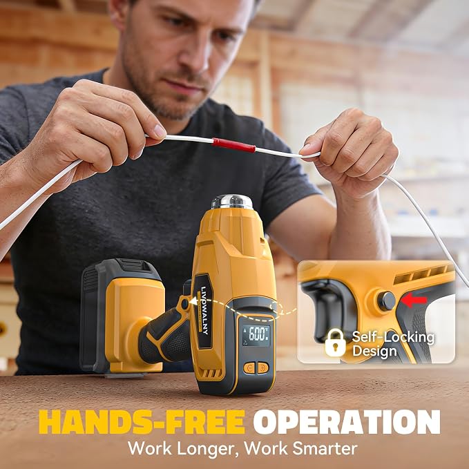 LIVOWALNY Cordless Heat Gun Compatible with Dewalt 20V Battery (Tool Only) 260W High Power Hot Air Gun (68°F-1112°F) & Airflow Control Digital Display for Shrink Wrapping Crafting